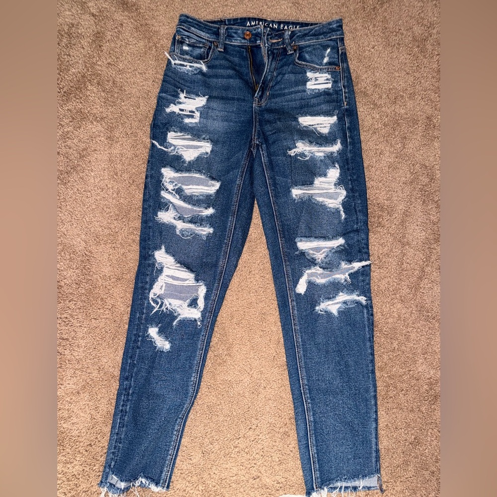American Eagle Outfitters Distressed Dark Blue Mom Jeans